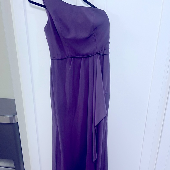 David's Bridal #F20011 Plum Chiffon one-shoulder bridesmaid dress with cascade - Picture 1 of 4